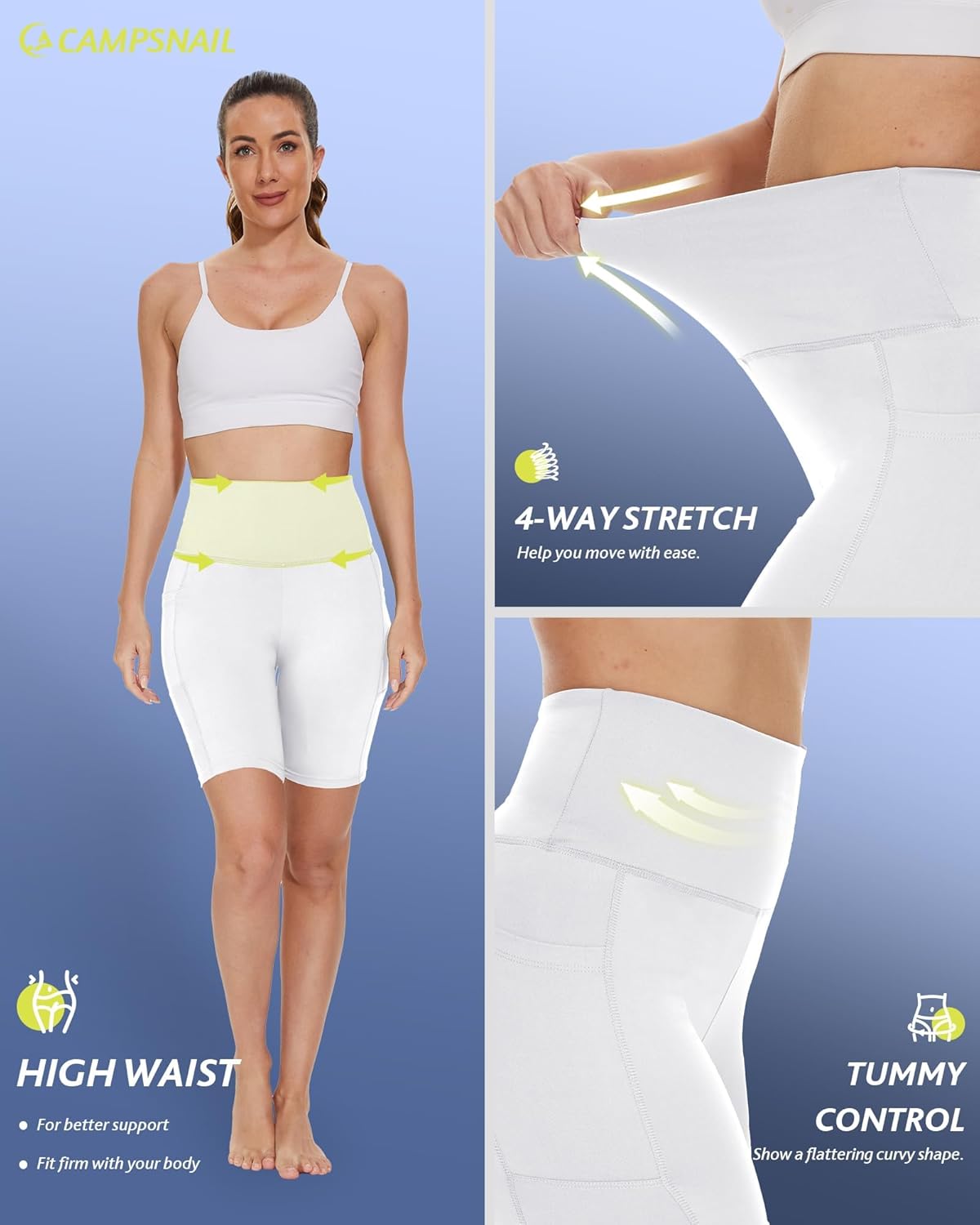 CAMPSNAIL Biker Shorts Women with Pockets - 3"/5"/8" High Waisted Workout Spandex Tummy Control Gym Running Yoga Shorts
