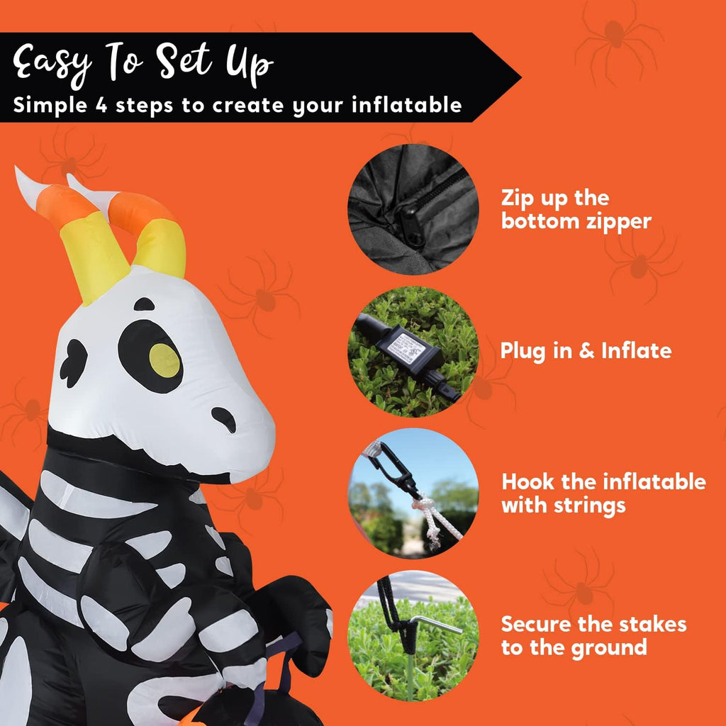 Joiedomi 5 FT Halloween Inflatables Skeleton Decor Outdoor, Blow Up Decorations Sitting Skeleton Unicorn with LEDs for Halloween Decorations Outside, Yard Decor