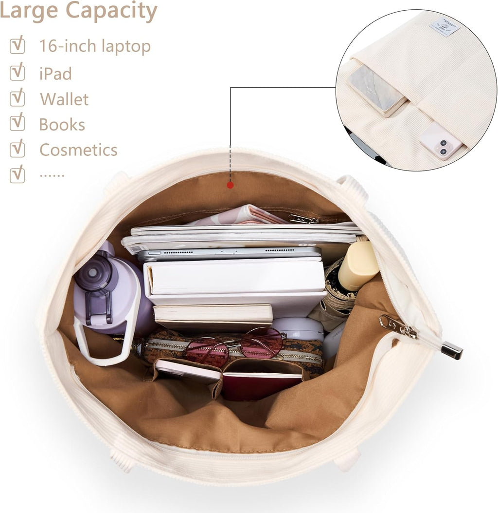 KALIDI Women Corduroy Tote Bag Zipper Casual Tote's Handbag Big Capacity Shoulder Bag with Pockets