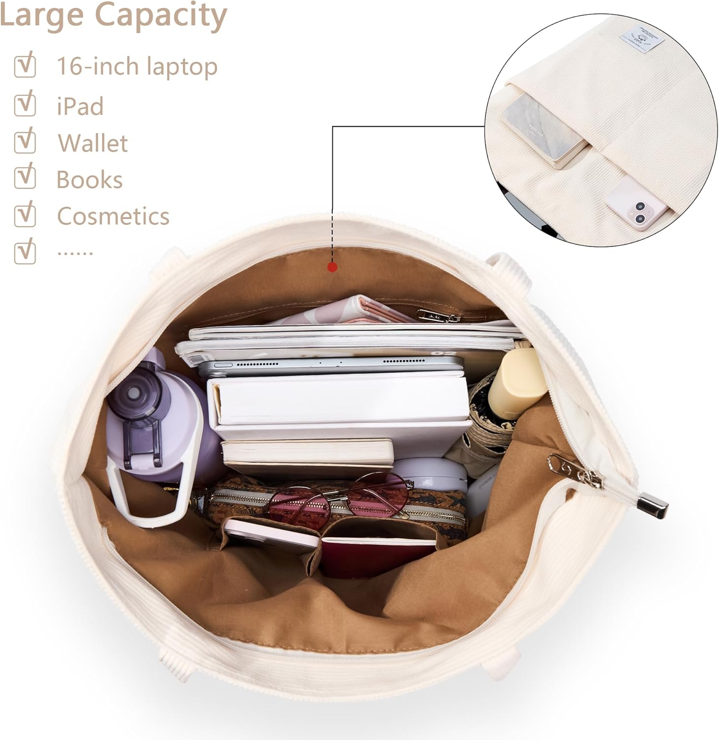 KALIDI Women Corduroy Tote Bag Zipper Casual Tote's Handbag Big Capacity Shoulder Bag with Pockets