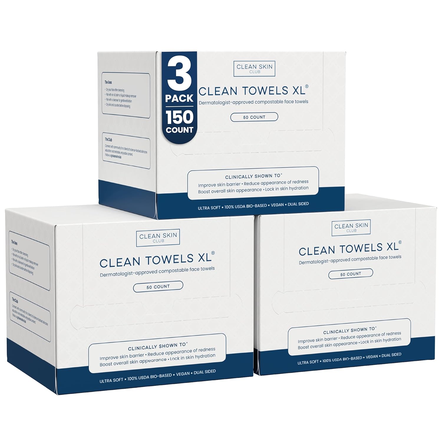 Clean Skin Club Clean Towels XL, 100% USDA Biobased Face Towel, Disposable Face Towelette, Eczema Association Accepted, Makeup Remover Dry Wipes, Ultra Soft, 1 Pack, 50 Ct