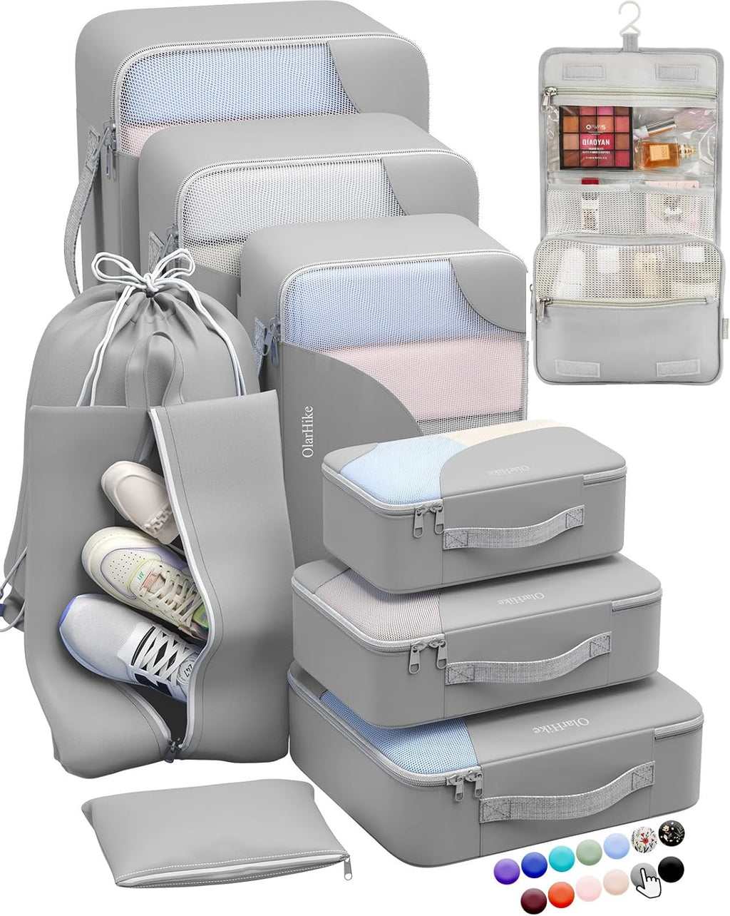 10 Set/8 Set Packing Cubes for Travel, Gifts for Women Mom,Anti-Tearing Suitcase Organizer for Luggage with Shoe & Hanging Toiletry Bag,OlarHike Vacation Essentials & Accessories for Cruise Ship,Cream