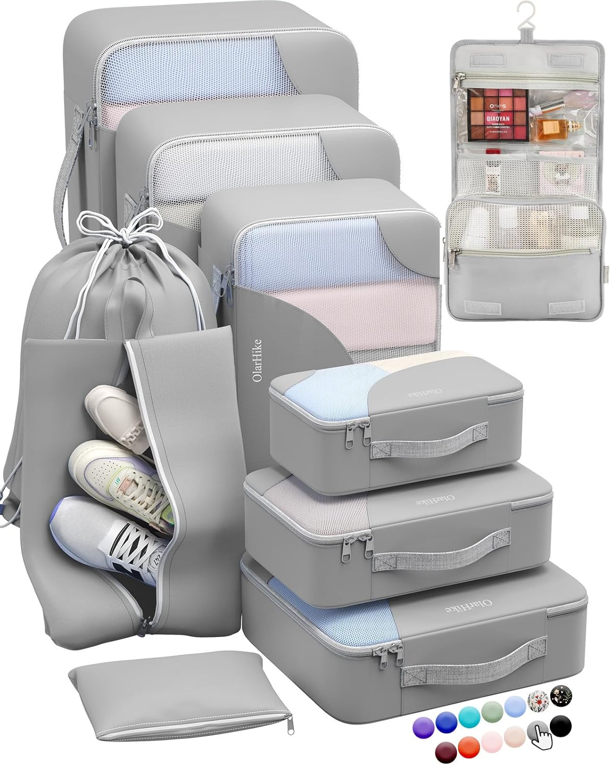 10 Set/8 Set Packing Cubes for Travel, Gifts for Women Mom,Anti-Tearing Suitcase Organizer for Luggage with Shoe & Hanging Toiletry Bag,OlarHike Vacation Essentials & Accessories for Cruise Ship,Cream