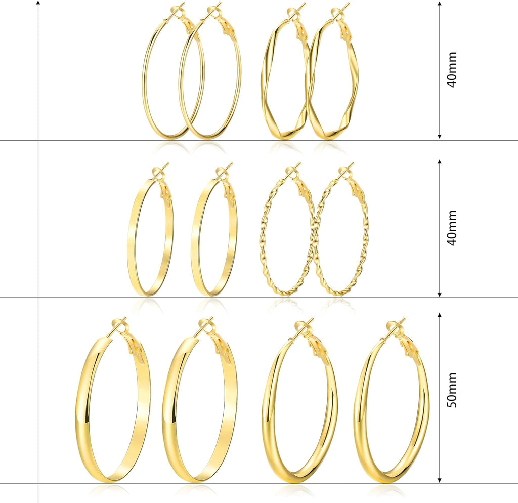 Gold Hoop Earrings Set for Women, 12 Pairs Hypoallergenic Large/Big Thin Thick Gold Hoops Earrings Loop Pack for Jewelry Gift 40mm/50mm