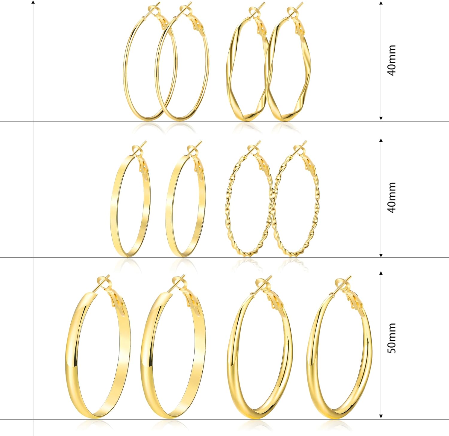 Gold Hoop Earrings Set for Women, 12 Pairs Hypoallergenic Large/Big Thin Thick Gold Hoops Earrings Loop Pack for Jewelry Gift 40mm/50mm