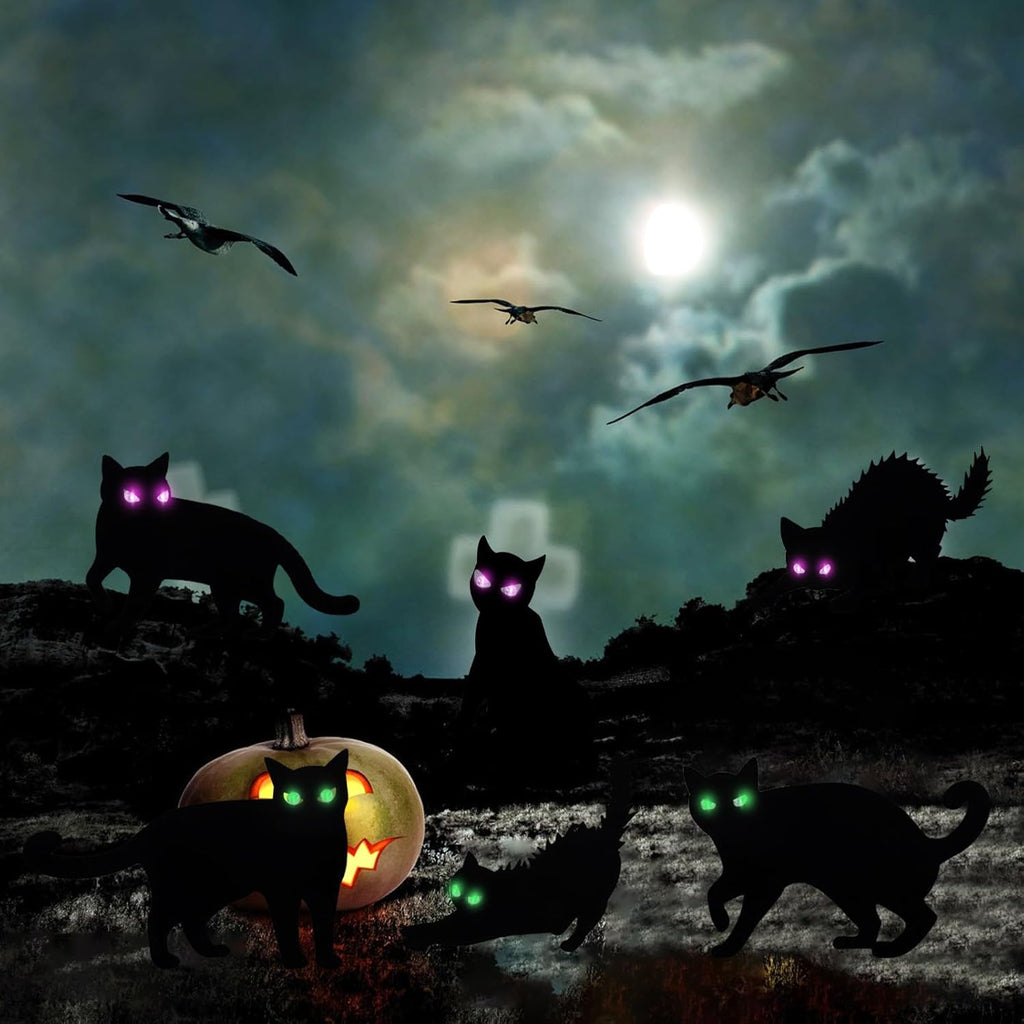 6Pack Black Cat Halloween Decorations Outdoor with LED Glowing Eyes Lights Black Cat Yard Stakes Halloween Decor, Waterproof Outside Cats Blow up Scary Patio Lawn Decorations