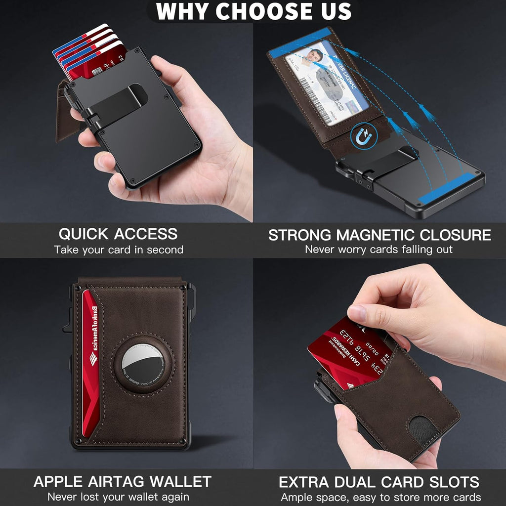 Airtag Wallet for Men, Mens Smart Wallet for Air Tag RFID Blocking, Minimalist Bifold Pop Up Aluminum Credit Card Case Holder 12+ Cards with ID Window, Gift for Men, No Airtag Included, Carbon Fiber