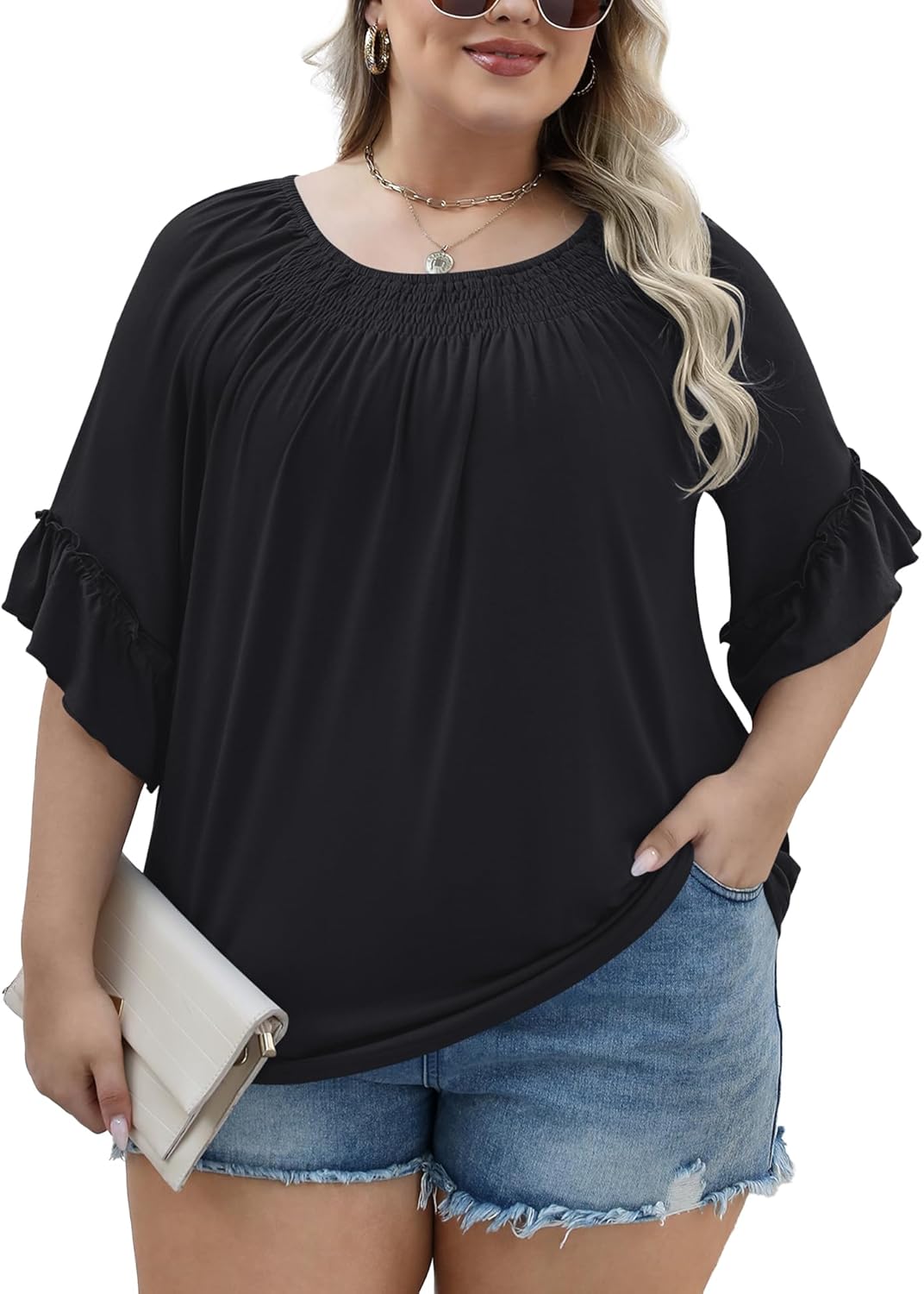 Micoson Womens Plus Size Tops 3/4 Ruffle Sleeve Shirts Crewneck Pleated Blouses Dressy Casual Fashion Tunic Top (1X-5X)