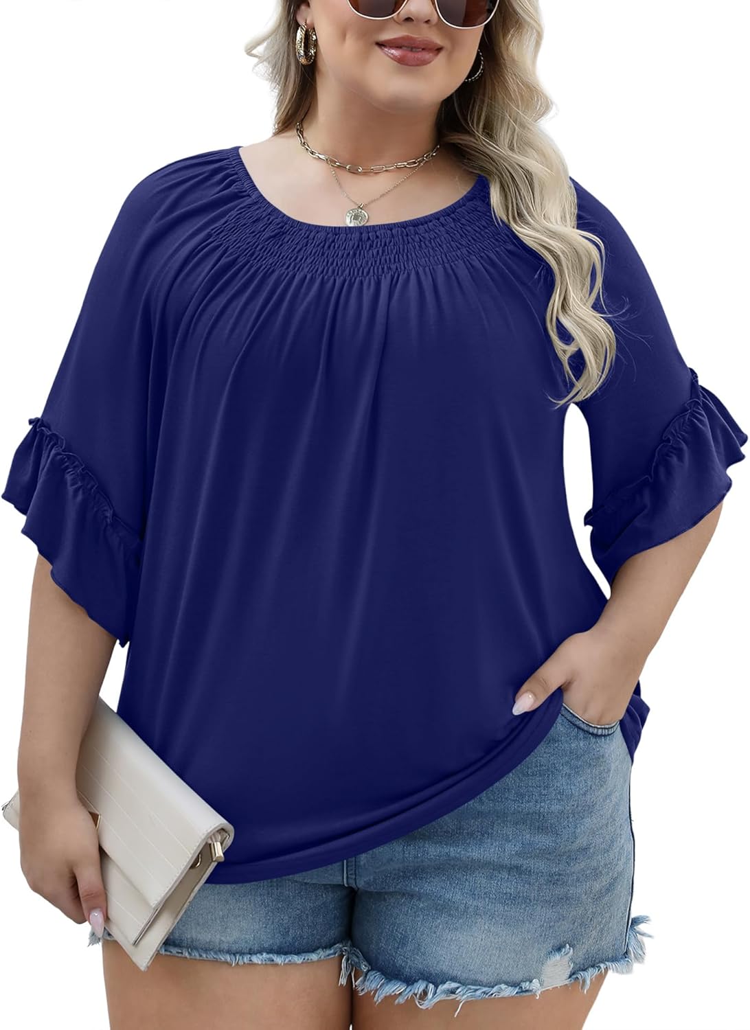 Micoson Womens Plus Size Tops 3/4 Ruffle Sleeve Shirts Crewneck Pleated Blouses Dressy Casual Fashion Tunic Top (1X-5X)