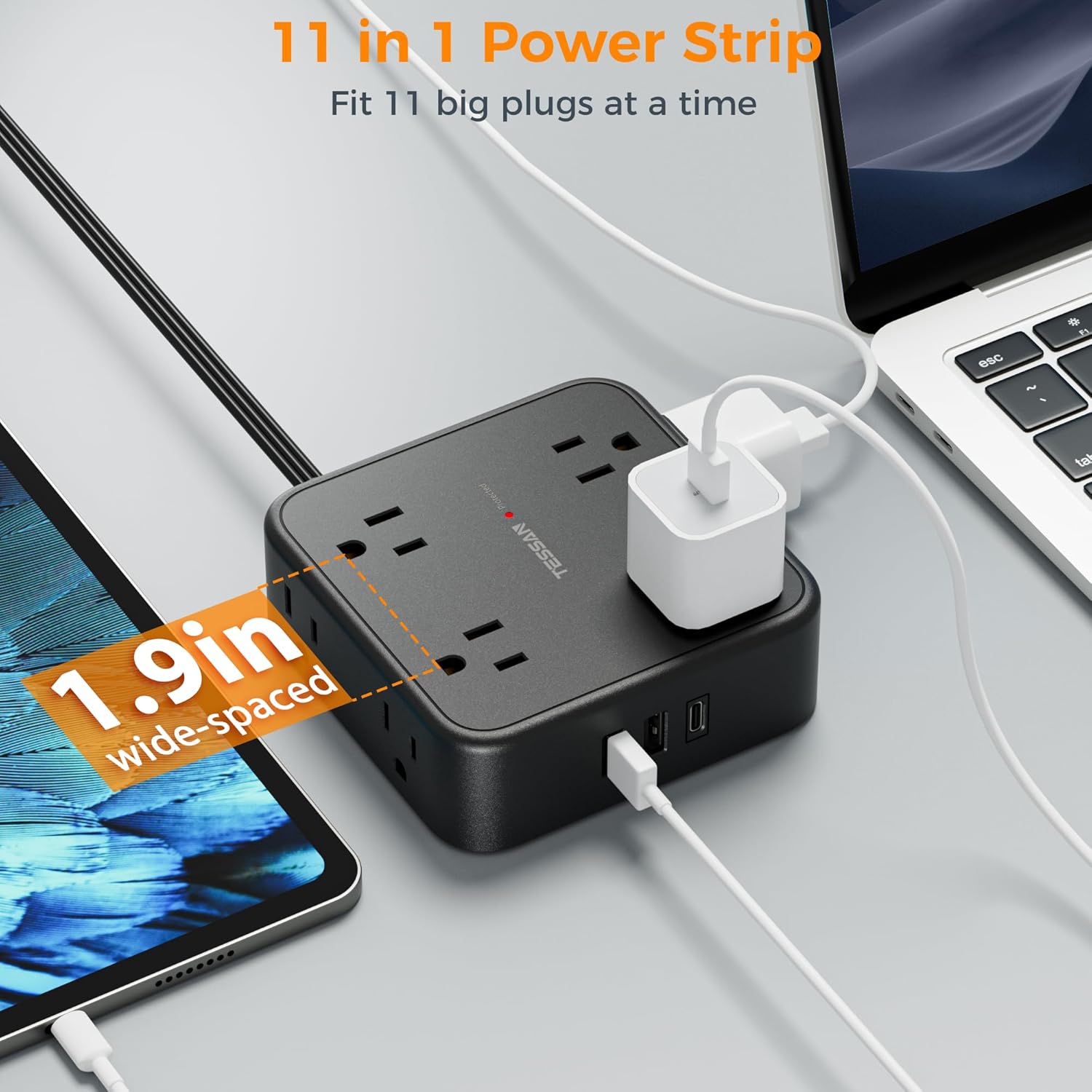 TESSAN Surge Protector Power Strip, 5 Ft Flat Plug Extension Cord with 3 USB (1 USB C) 8 Outlets, 900J Surge Protection, 3 Sided Outlet Extender with Power Switch for Office, Dorm Room Essentials