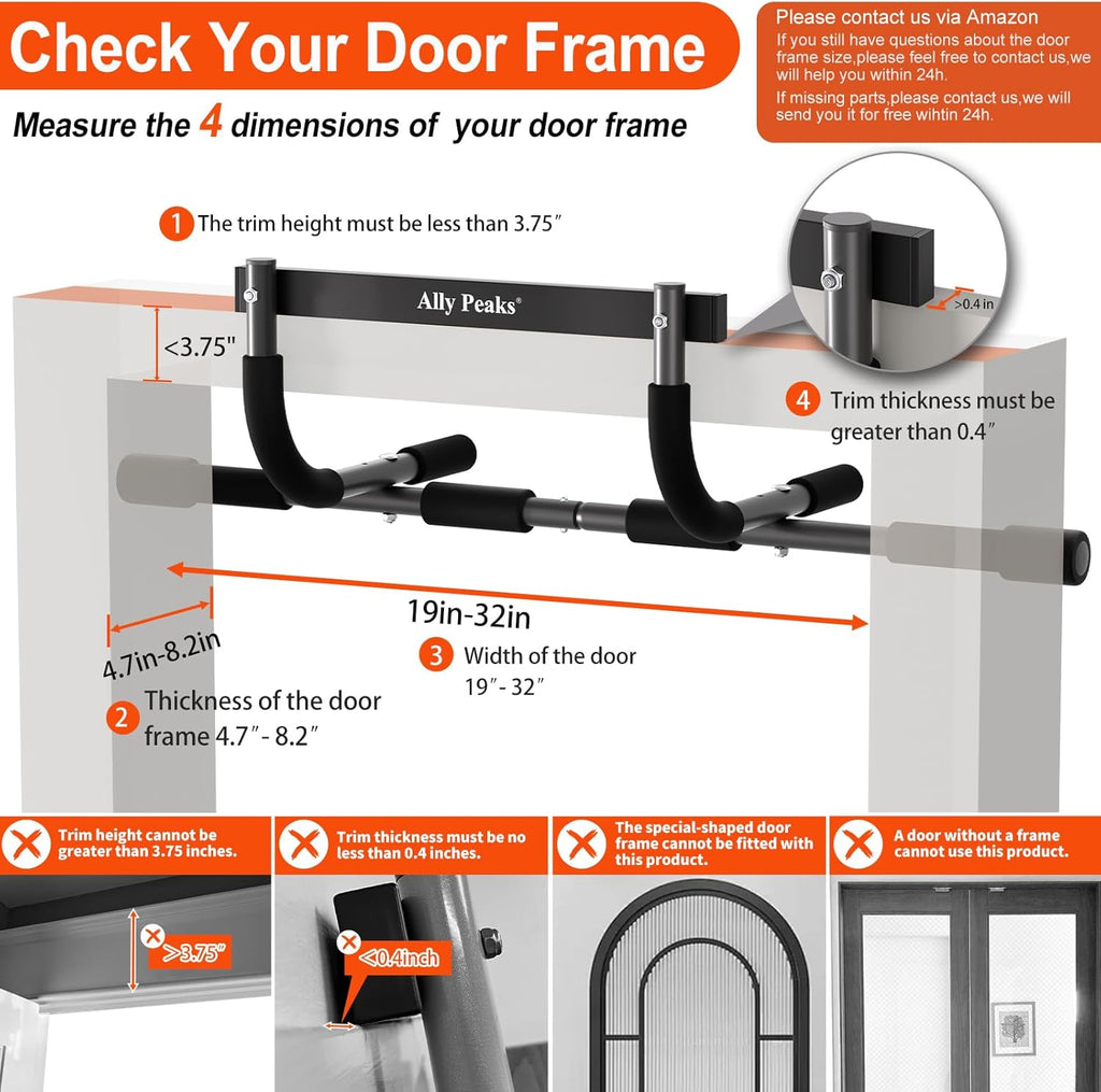 Ally Peaks Pull Up Bar for Doorway | Thickened Steel Max Limit 440 lbs Upper Body Fitness Workout Bar| Multi-Grip Strength for Doorway | Indoor Chin-Up Bar Fitness Trainer for Home Gym Portable