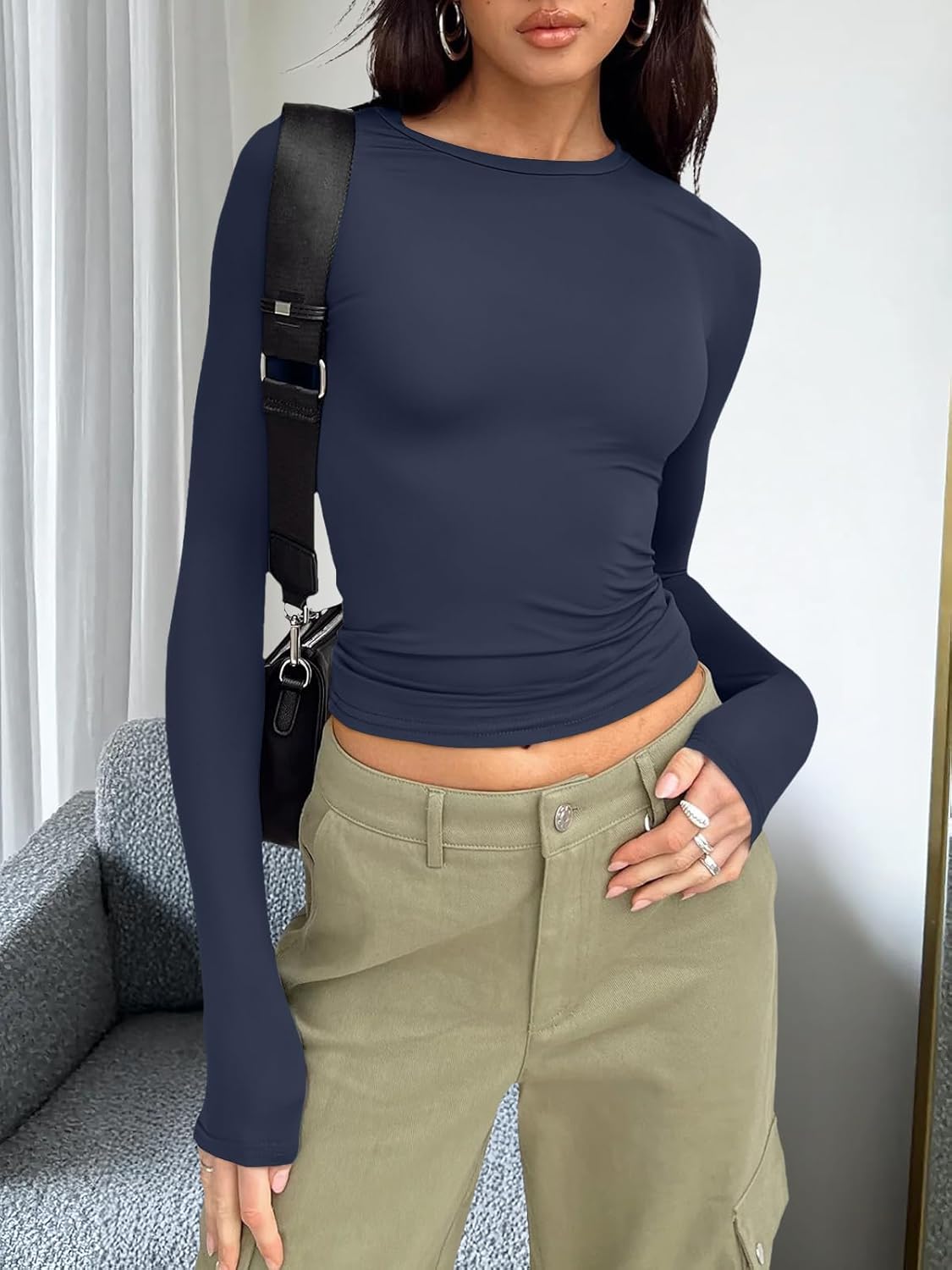 Trendy Queen Womens Long Sleeve T Shirts Fall Fashion 2025 Basic Crop Tops Going Out Outfits Y2k Clothes