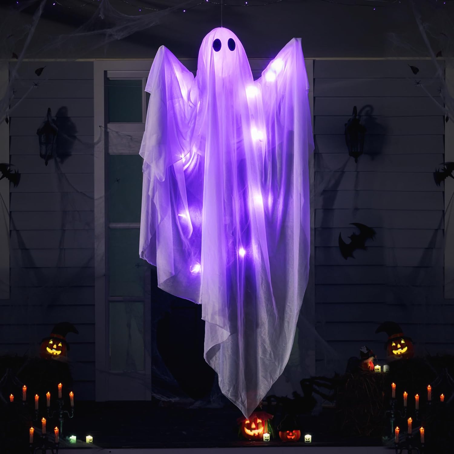 JOYIN Halloween Hanging Light up Ghost with Spooky Blue LED Light, 47” White Ghosts Halloween Hanging Decoration for Front Yard Patio Lawn Garden Party Decor Indoor Outdoor