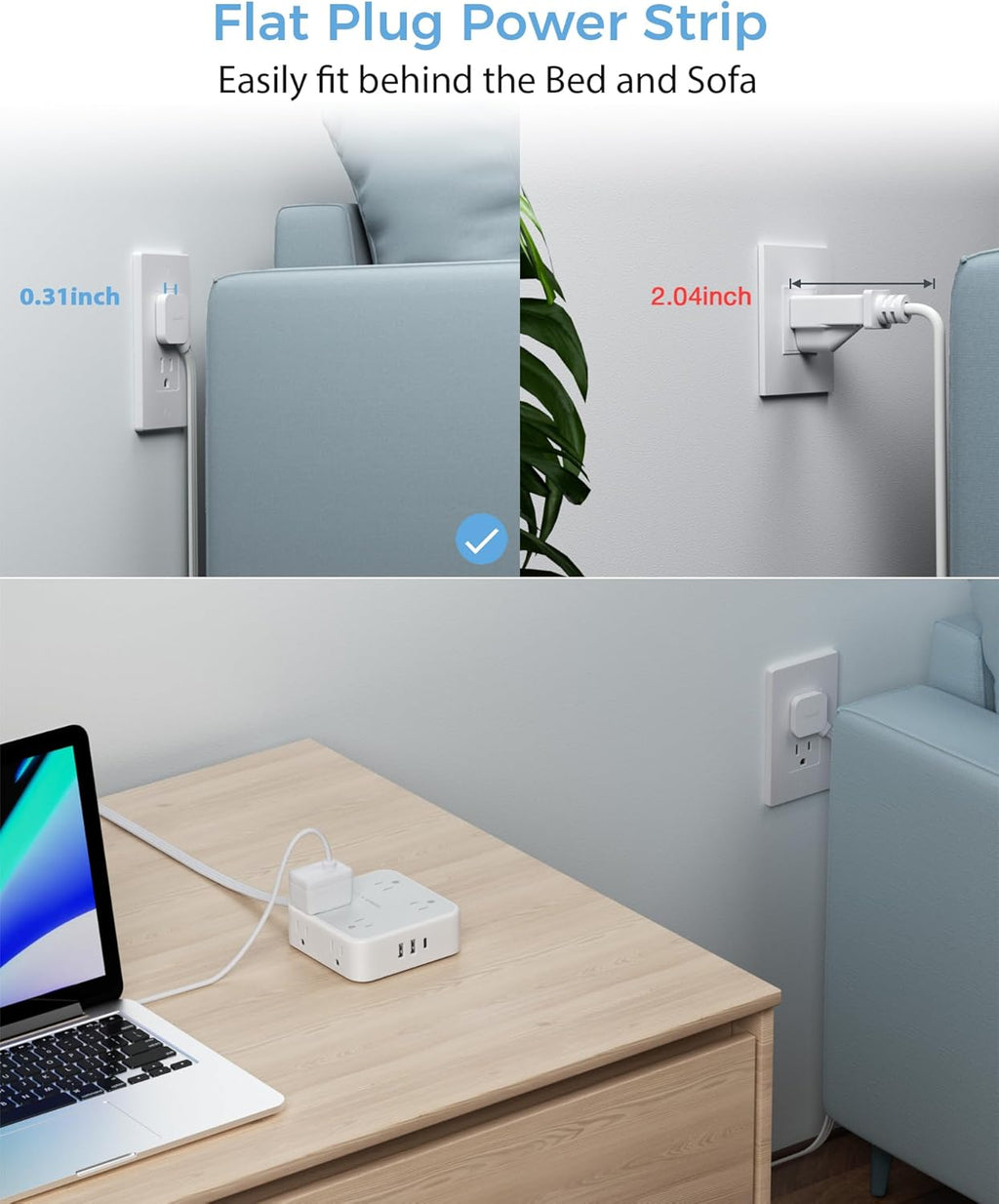 TESSAN Surge Protector Power Strip, 5 Ft Flat Plug Extension Cord with 3 USB (1 USB C) 8 Outlets, 900J Surge Protection, 3 Sided Outlet Extender with Power Switch for Office, Dorm Room Essentials