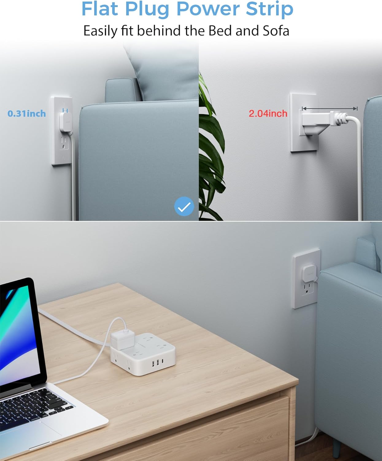 TESSAN Surge Protector Power Strip, 5 Ft Flat Plug Extension Cord with 3 USB (1 USB C) 8 Outlets, 900J Surge Protection, 3 Sided Outlet Extender with Power Switch for Office, Dorm Room Essentials