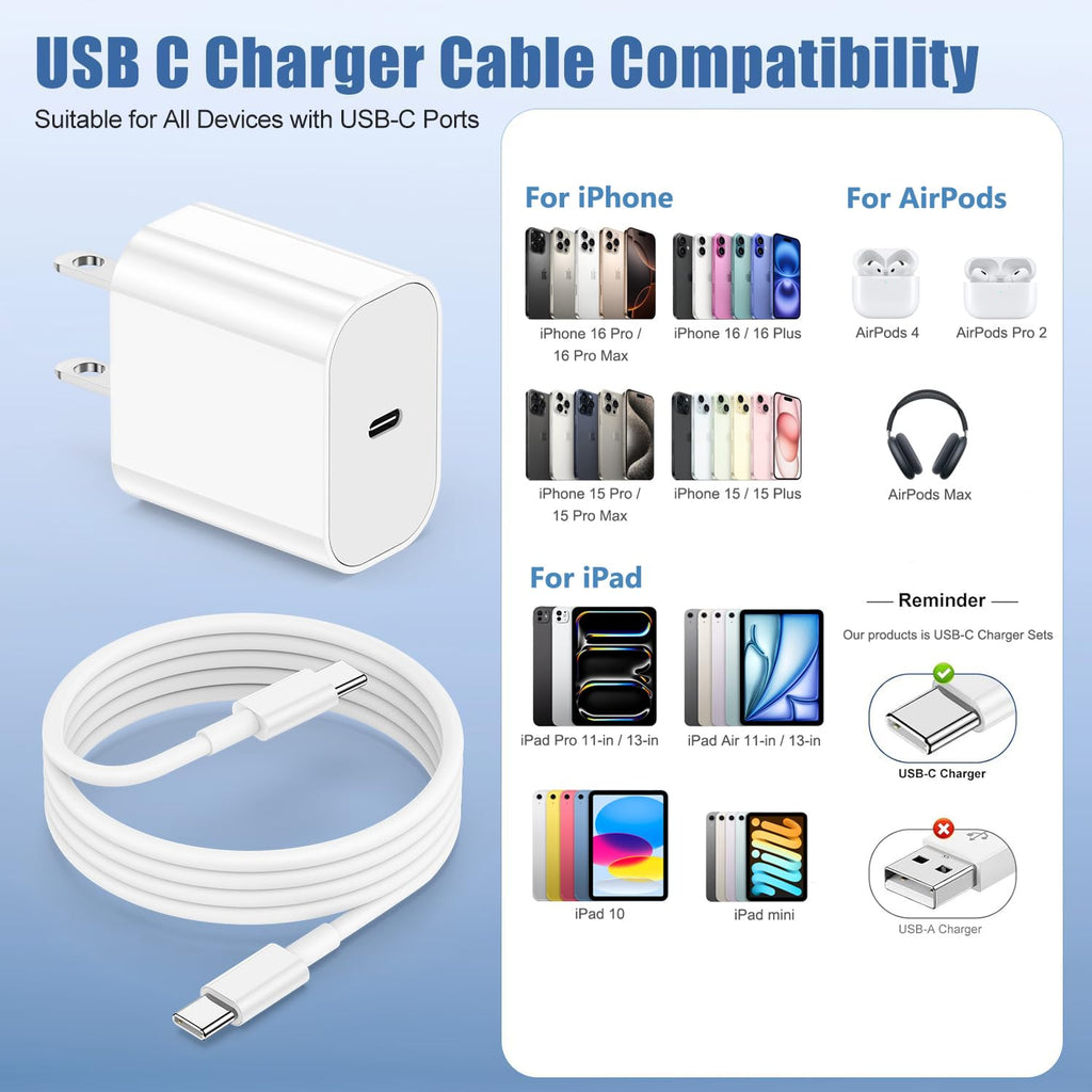 Fast iPhone Charger, iPhone Charger Fast Charging 2Pack Quick Chargers 6ft Long USB C to Lightning Cable Quick Charging Cord USB Charge Block Adapter for iPhone 14 Plus/14 ProMax/13 Mini 12/11/XS/iPad