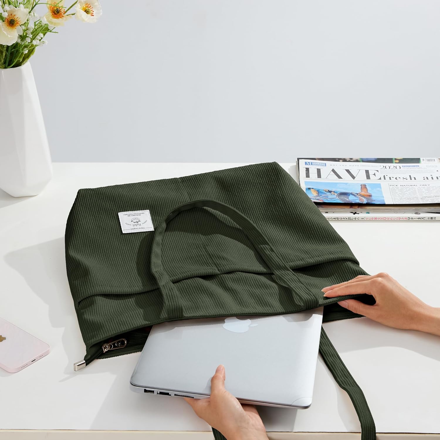 KALIDI Women Corduroy Tote Bag Zipper Casual Tote's Handbag Big Capacity Shoulder Bag with Pockets