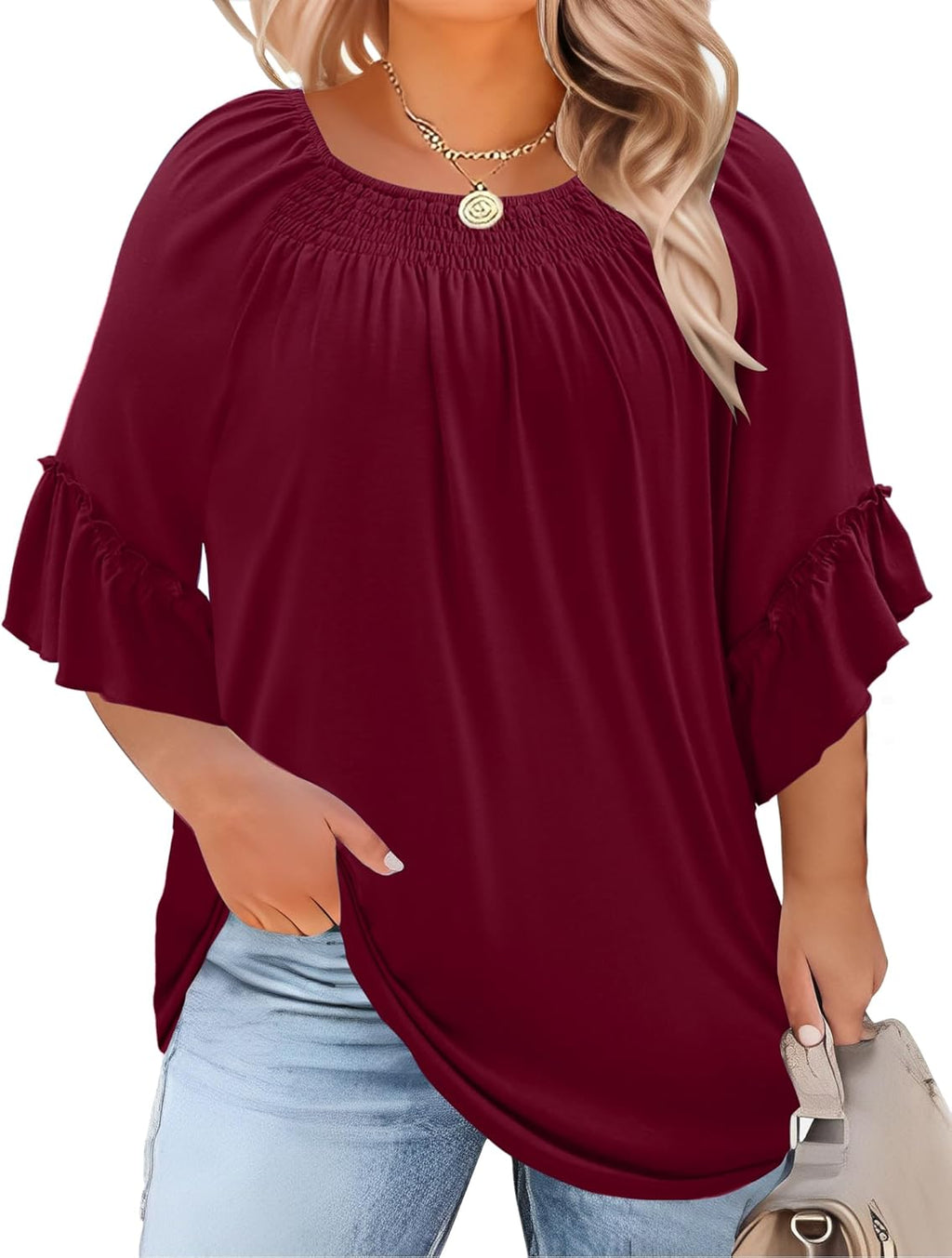 Micoson Womens Plus Size Tops 3/4 Ruffle Sleeve Shirts Crewneck Pleated Blouses Dressy Casual Fashion Tunic Top (1X-5X)