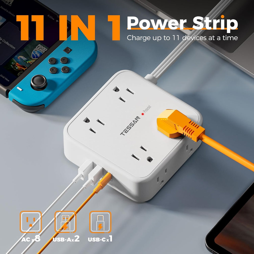 TESSAN Surge Protector Power Strip, 5 Ft Flat Plug Extension Cord with 3 USB (1 USB C) 8 Outlets, 900J Surge Protection, 3 Sided Outlet Extender with Power Switch for Office, Dorm Room Essentials