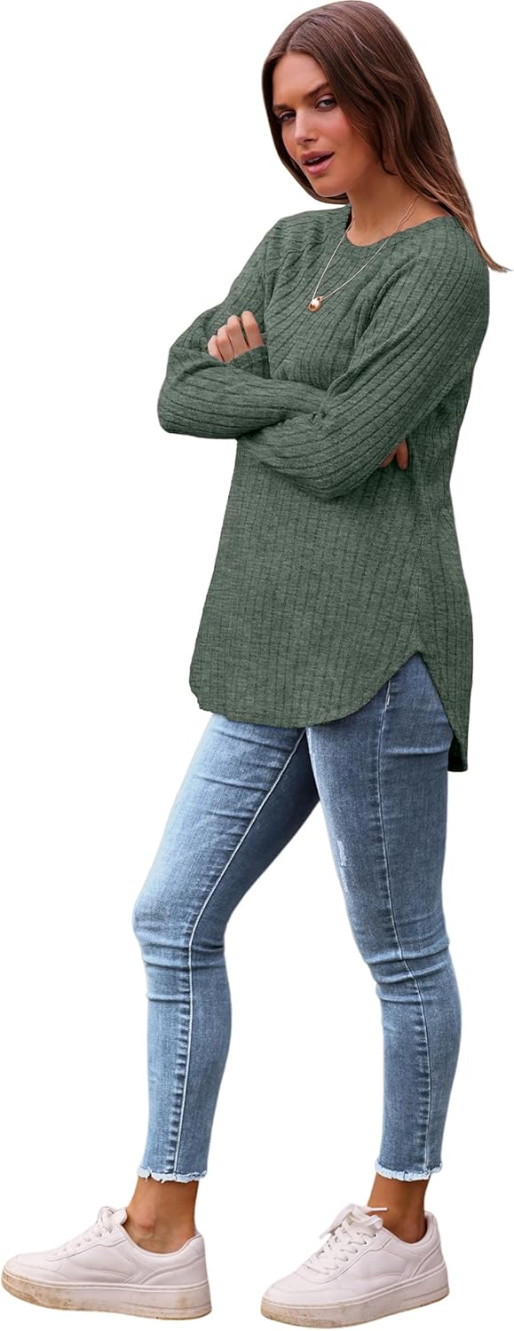 Saloogoe Long Sleeve Shirts for Women 2025 Fall Clothes Tunic Tops Loose Fit Dressy Crewneck Pullover Sweaters Curved Hem