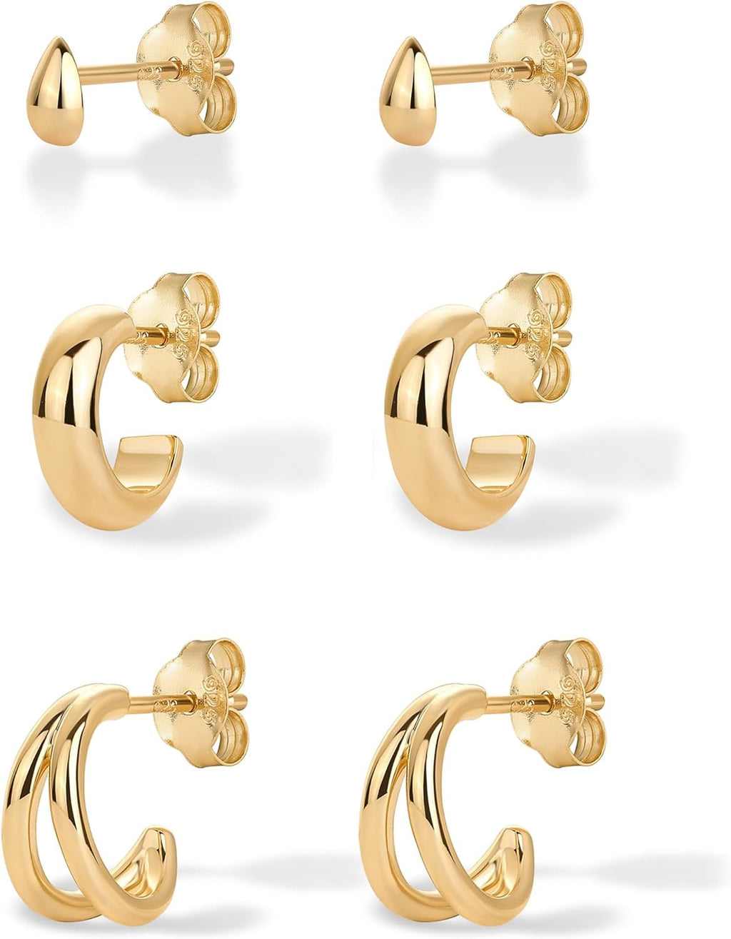 PAVOI 14K-18K Yellow Gold Plated 925 Sterling Silver Posts Three Pairs Small Hoop Earrings for Women - Statement Gold Hoop Earrings Set - Cubic Zirconia Rope Teardrop Chunky Huggie Earscape Piercings