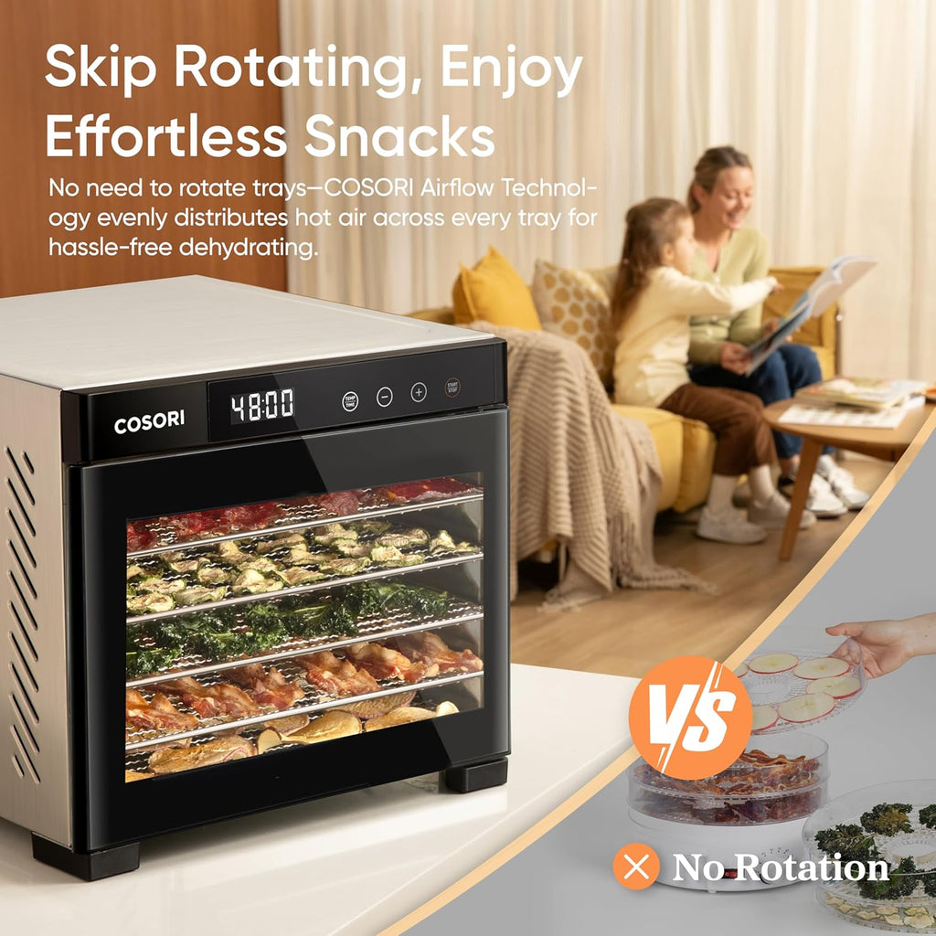 COSORI Food Dehydrator, Bigger Than 7 Trays With Large 6.5" Drying Space, 600W Power Saves More Time Than 480W, 165°F Dehydrated Dryer for Jerky, Dog Treats, Herbs, Meat, Fruit, and Yogurt, Silver