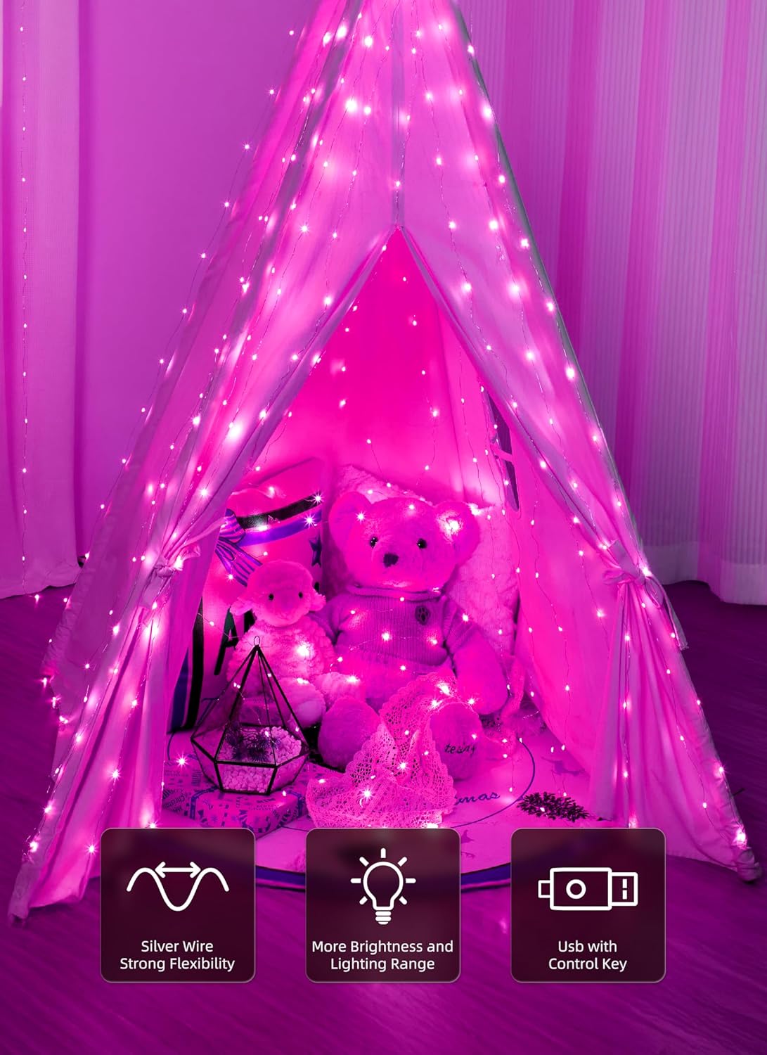 Brightown 300 LED Fairy Curtain Lights, 9.8ft x 9.8ft Warm White Curtain String Lights, USB Plug in 8 Lighting Modes Christmas Decoration, Hanging Lights with Remote for Bedroom Indoor Weddings Dorm