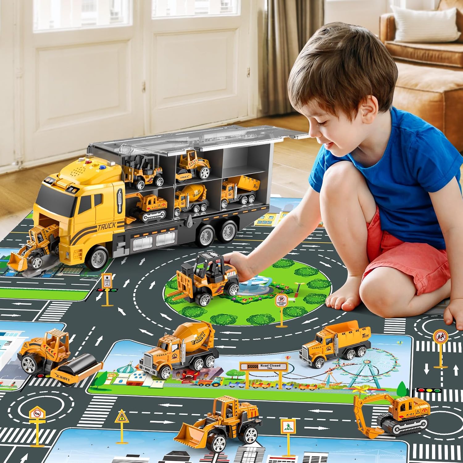 Toddler Boys Construction Truck Vehicle Toy Set with Play Mat and Die-Cast Toy Car, Transport Carrier Truck for Kids 3-5, Birthday Gifts Toys for 3-8 Year Old Boys