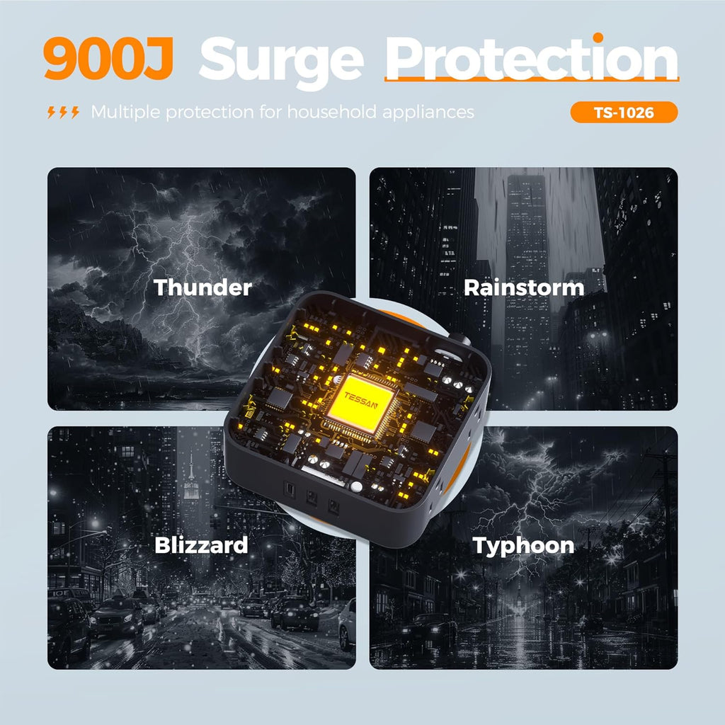 TESSAN Surge Protector Power Strip, 5 Ft Flat Plug Extension Cord with 3 USB (1 USB C) 8 Outlets, 900J Surge Protection, 3 Sided Outlet Extender with Power Switch for Office, Dorm Room Essentials