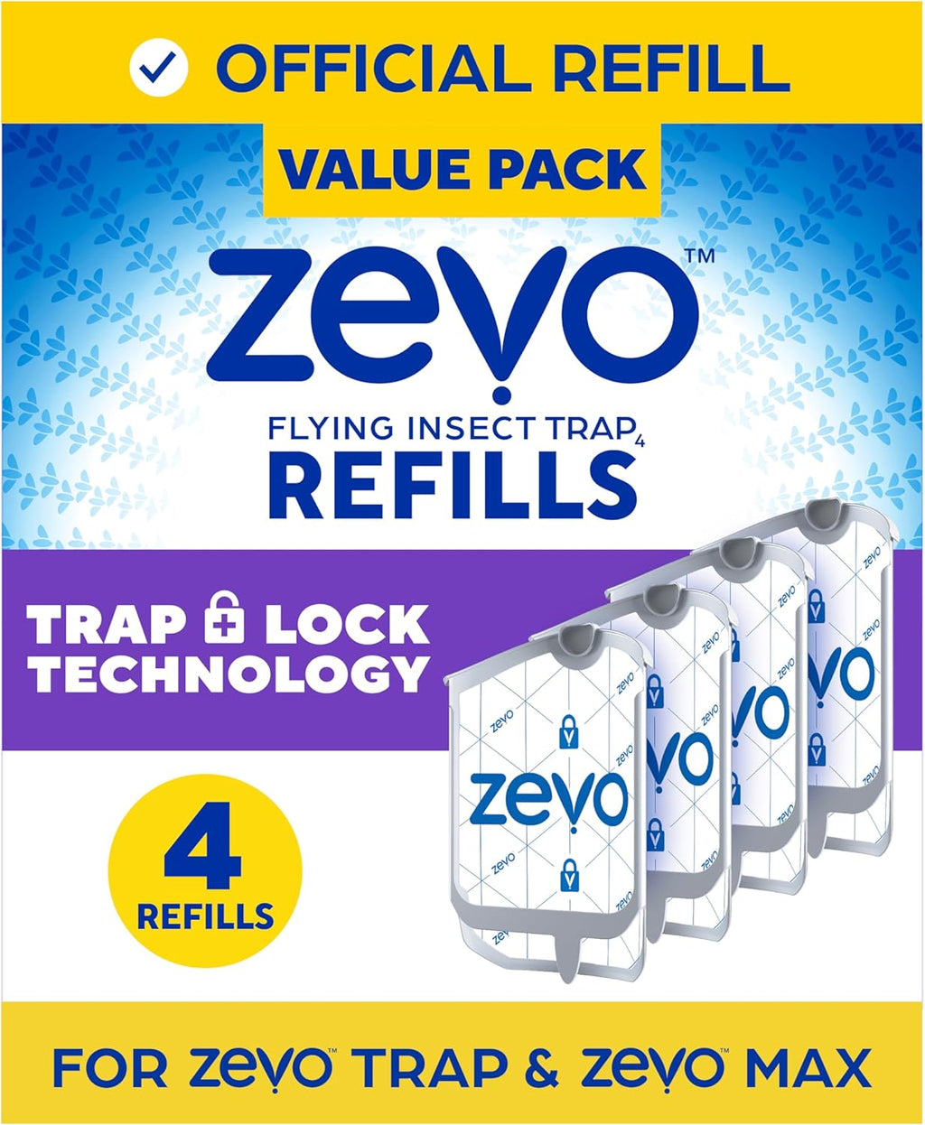 Zevo Flying Insect Trap Official Refill Cartridges - Fits Both Zevo Trap & MAX Indoor Fly Trap - Authentic Trap+Lock Technology to Catch Gnats, House & Fruit Flys (4 Official Refill Cartridges)