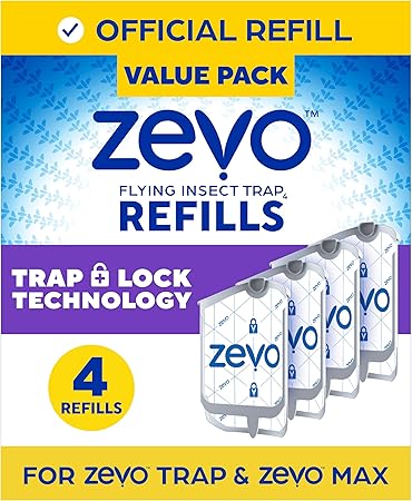 Zevo Flying Insect Trap Official Refill Cartridges - Fits Both Zevo Trap & MAX Indoor Fly Trap - Authentic Trap+Lock Technology to Catch Gnats, House & Fruit Flys (4 Official Refill Cartridges)