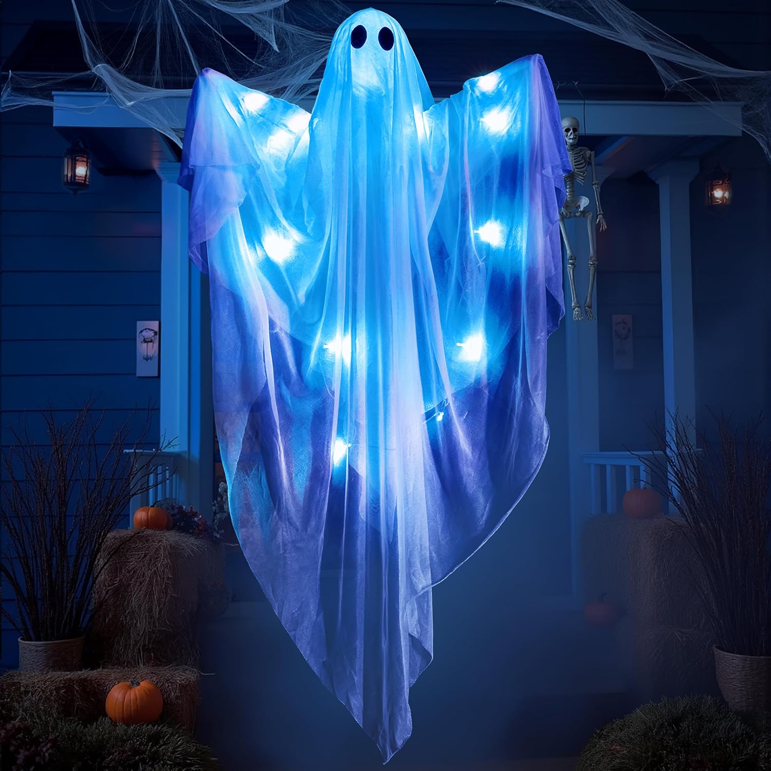 JOYIN Halloween Hanging Light up Ghost with Spooky Blue LED Light, 47” White Ghosts Halloween Hanging Decoration for Front Yard Patio Lawn Garden Party Decor Indoor Outdoor
