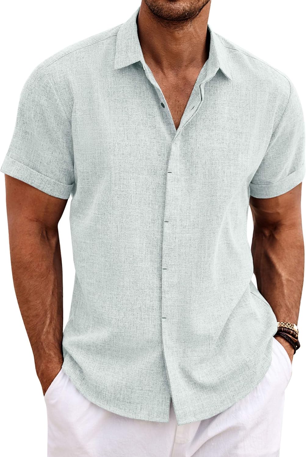 COOFANDY Men's Linen Shirts Short Sleeve Casual Shirts Button Down Shirt for Men Beach Summer Wedding Shirt
