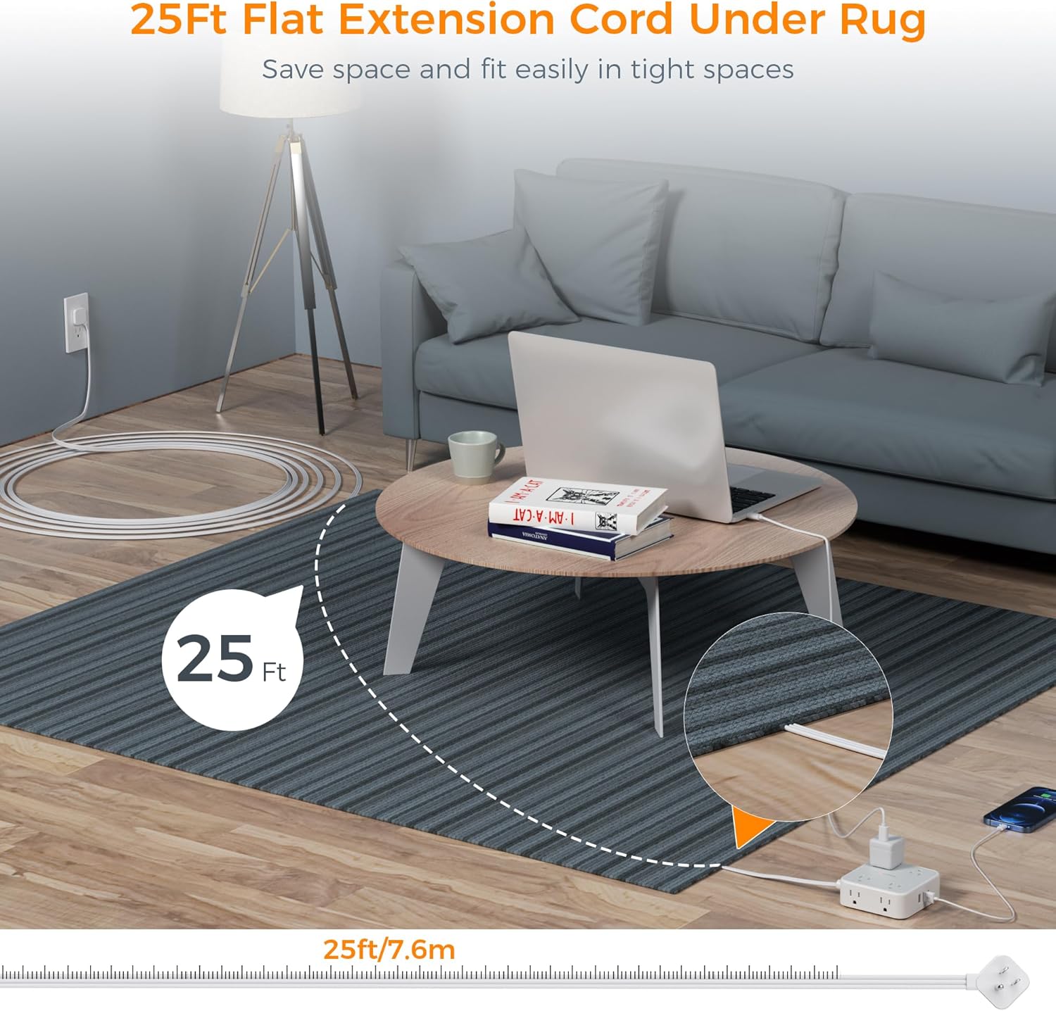 TESSAN Surge Protector Power Strip, 5 Ft Flat Plug Extension Cord with 3 USB (1 USB C) 8 Outlets, 900J Surge Protection, 3 Sided Outlet Extender with Power Switch for Office, Dorm Room Essentials