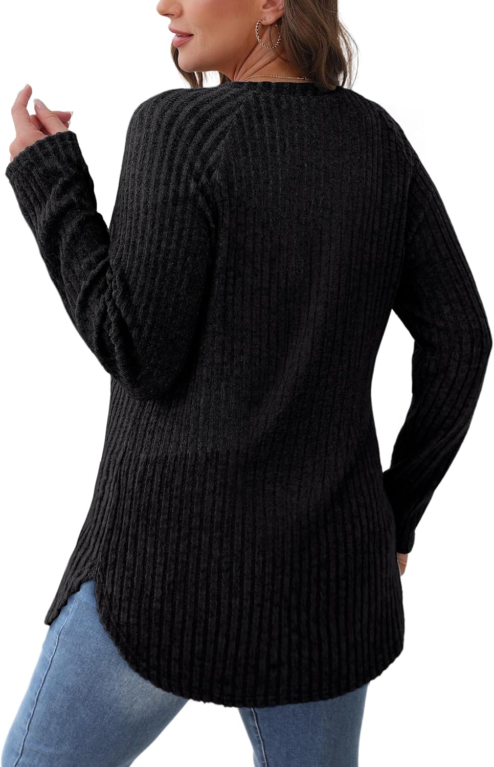 Saloogoe Long Sleeve Shirts for Women 2025 Fall Clothes Tunic Tops Loose Fit Dressy Crewneck Pullover Sweaters Curved Hem