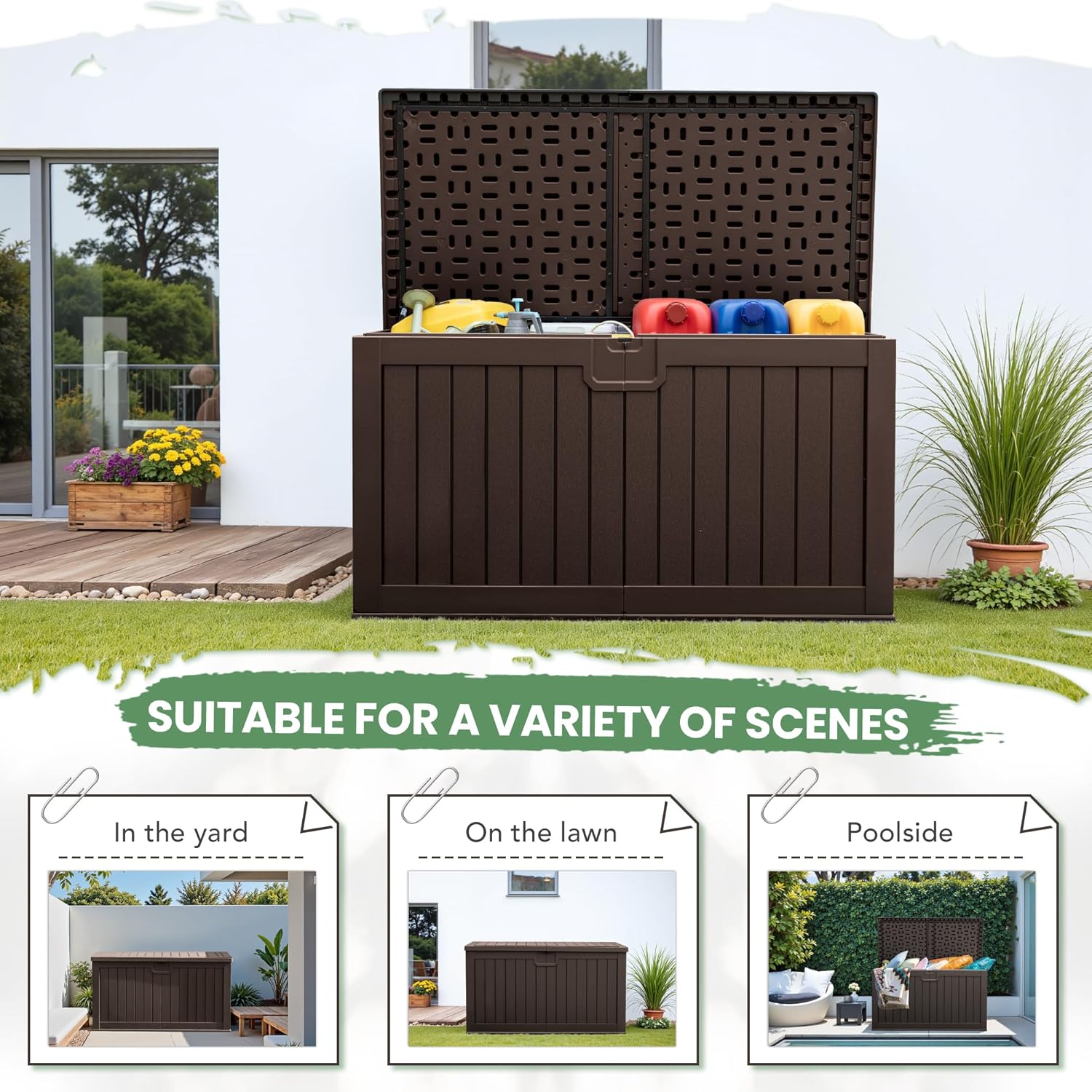 Greesum 31 Gallon Resin Deck Box Large Outdoor Storage for Patio Furniture, Garden Tools, Pool Supplies, Weatherproof and UV Resistant, Lockable, Dark Black