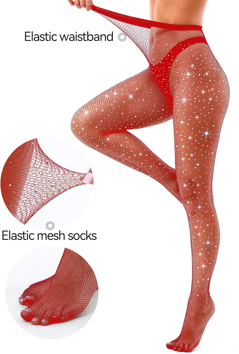 VEBZIN Sexy Sparkly Fishnets Stockings Jeweled High Waist Fishnet Tights for Women Rhinestone Party Pantyhose