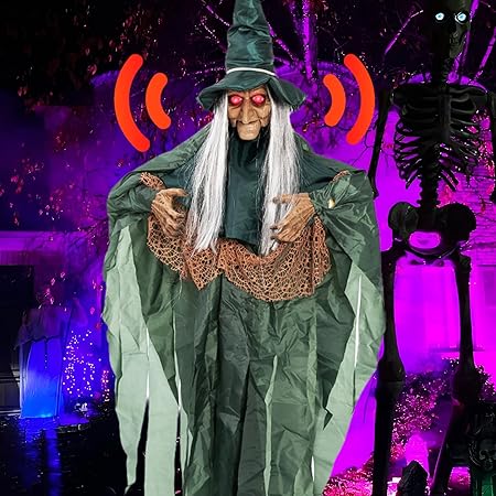 Halloween Decorations Outdoor Halloween Animatronics Motion Activated 6Ft Creepy Hanging Witch with Light-up Eyes Haunted House Prop Décor Indoor 2025 Update