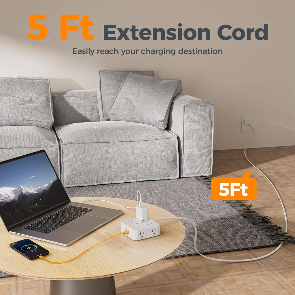 TESSAN Surge Protector Power Strip, 5 Ft Flat Plug Extension Cord with 3 USB (1 USB C) 8 Outlets, 900J Surge Protection, 3 Sided Outlet Extender with Power Switch for Office, Dorm Room Essentials
