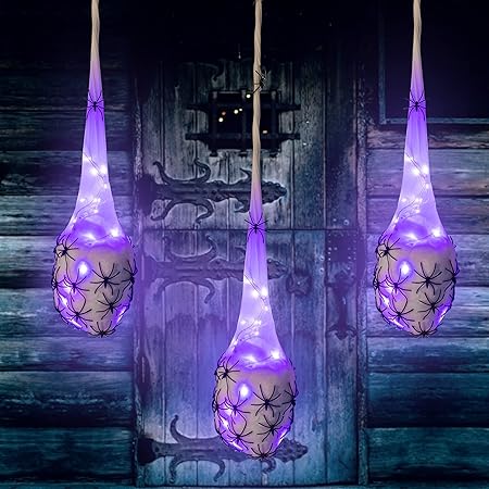 FUNPENY 3.2FT Halloween Decoration Hanging Light Up Spider Egg Sacs 3 Packs, Gift for Halloween Party Favors Games, Sacks Props for Halloween, Birthday Indoor Outdoor Decor (Purple)