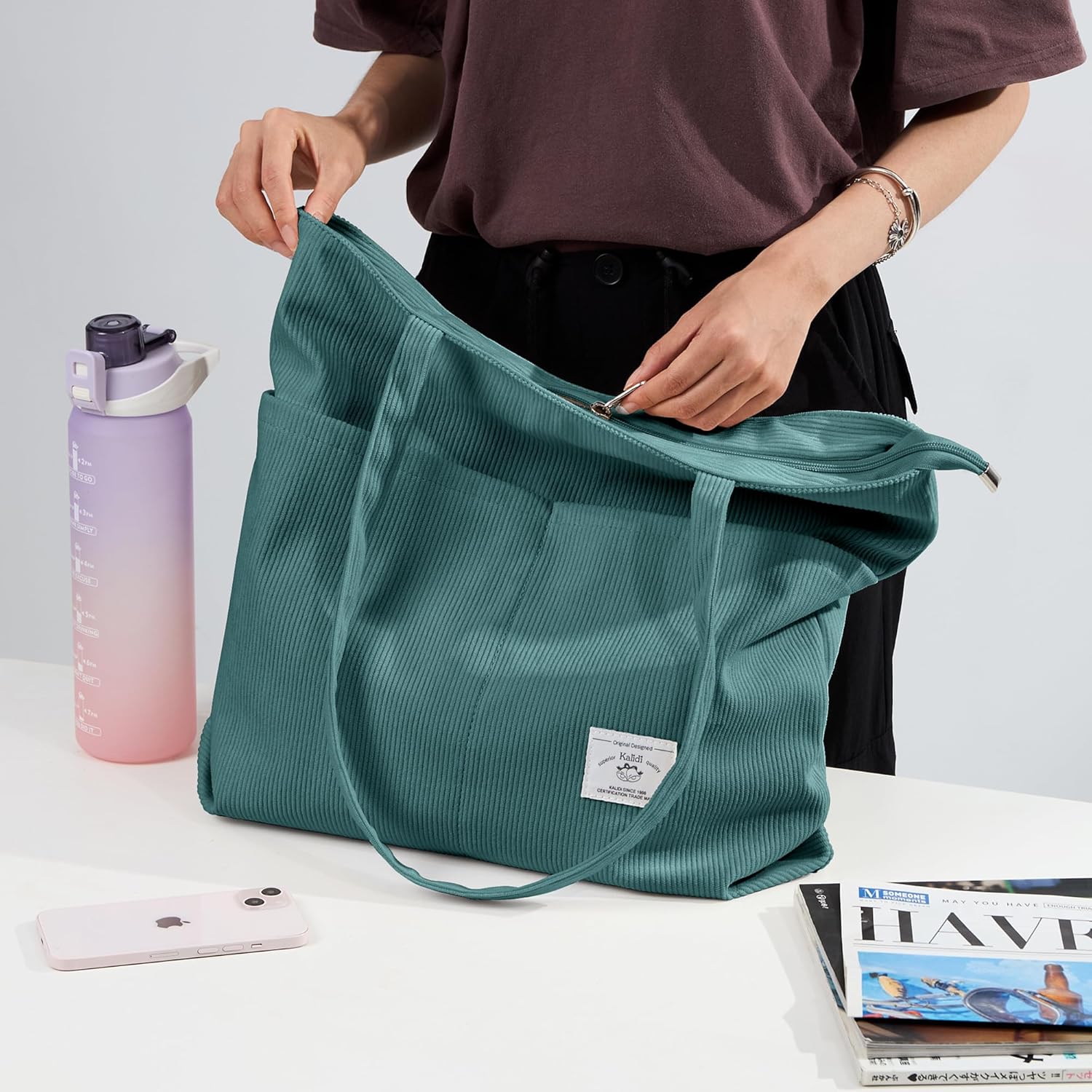 KALIDI Women Corduroy Tote Bag Zipper Casual Tote's Handbag Big Capacity Shoulder Bag with Pockets