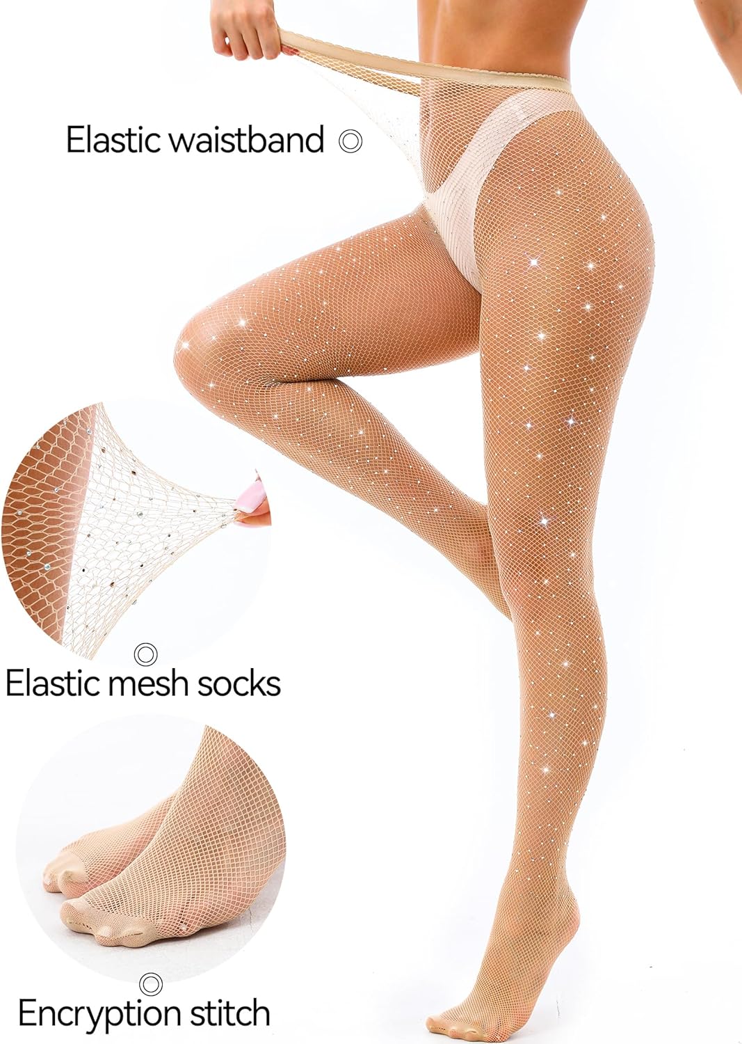 VEBZIN Sexy Sparkly Fishnets Stockings Jeweled High Waist Fishnet Tights for Women Rhinestone Party Pantyhose