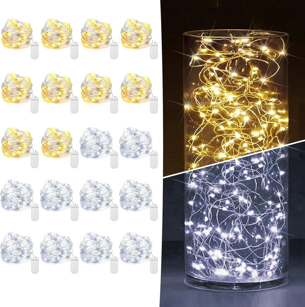 6 Pack Fairy Lights Battery Operated 7ft 20 LED Mini String Lights Twinkle Lights Silver Wire Firefly Starry Moon Lights for Mason Jars Wedding Party Christmas Centerpiece Table Decorations,Warm White