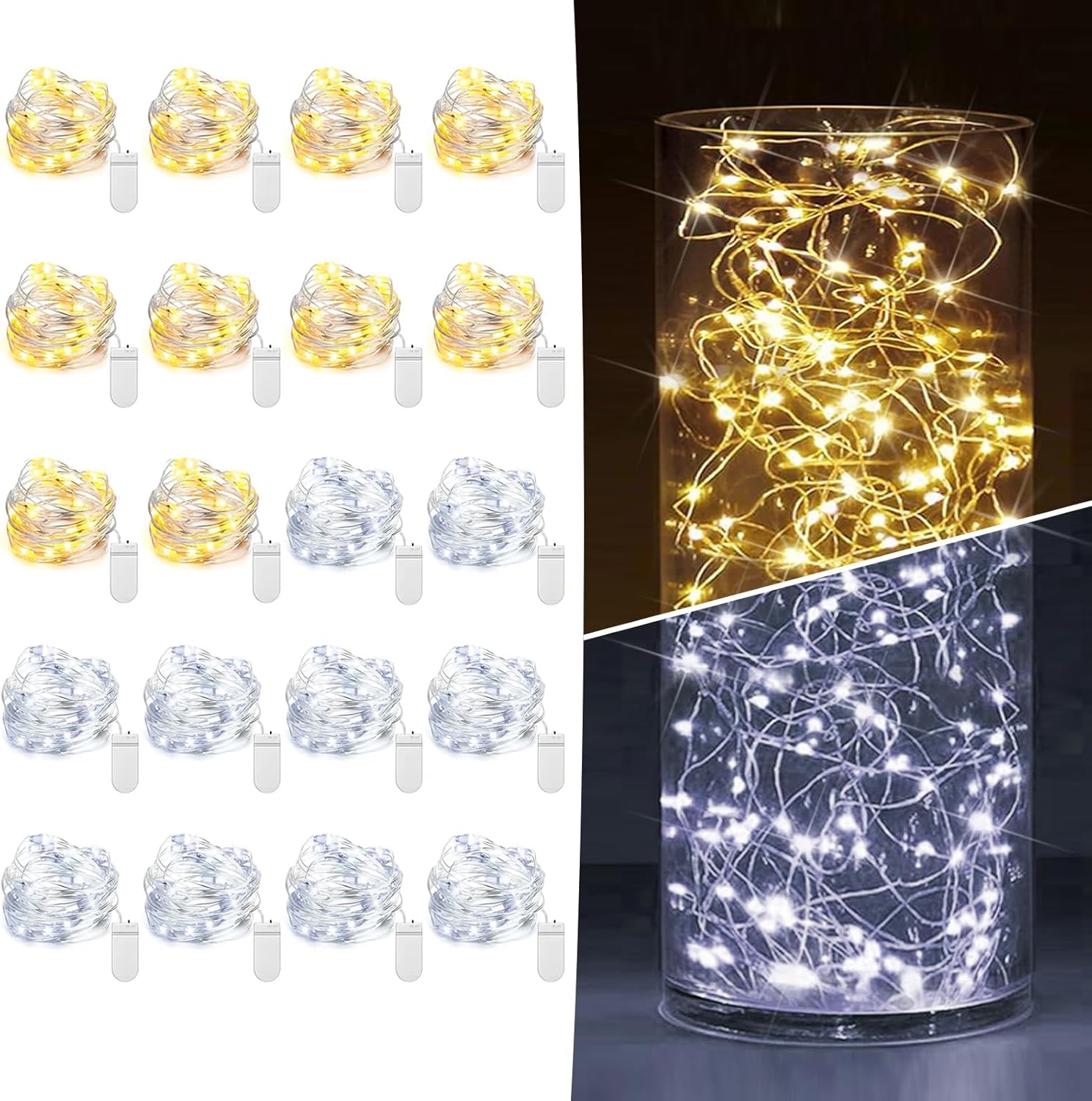 6 Pack Fairy Lights Battery Operated 7ft 20 LED Mini String Lights Twinkle Lights Silver Wire Firefly Starry Moon Lights for Mason Jars Wedding Party Christmas Centerpiece Table Decorations,Warm White