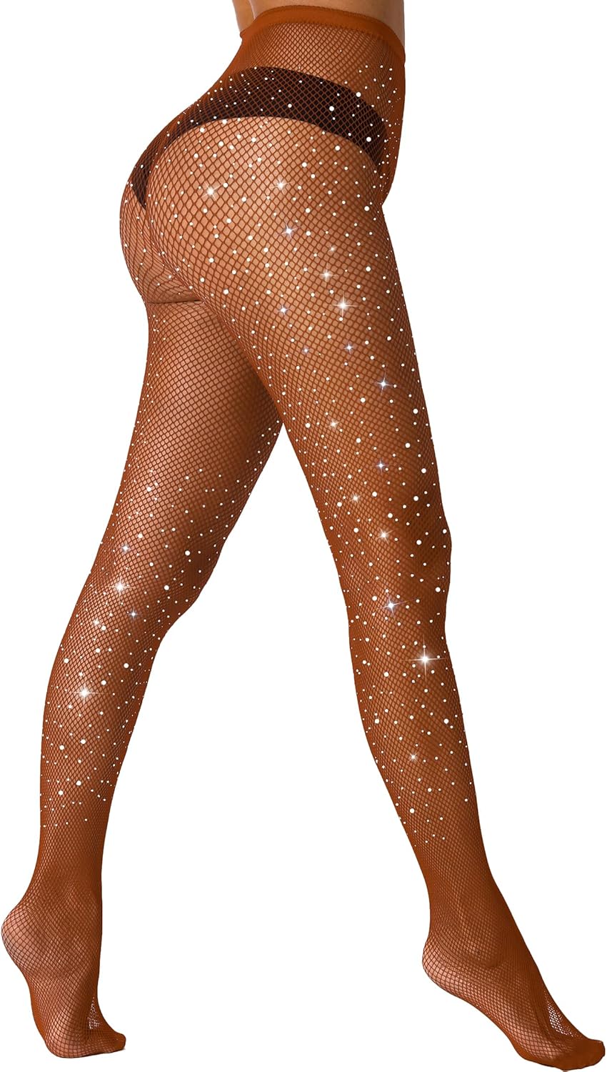 VEBZIN Sexy Sparkly Fishnets Stockings Jeweled High Waist Fishnet Tights for Women Rhinestone Party Pantyhose