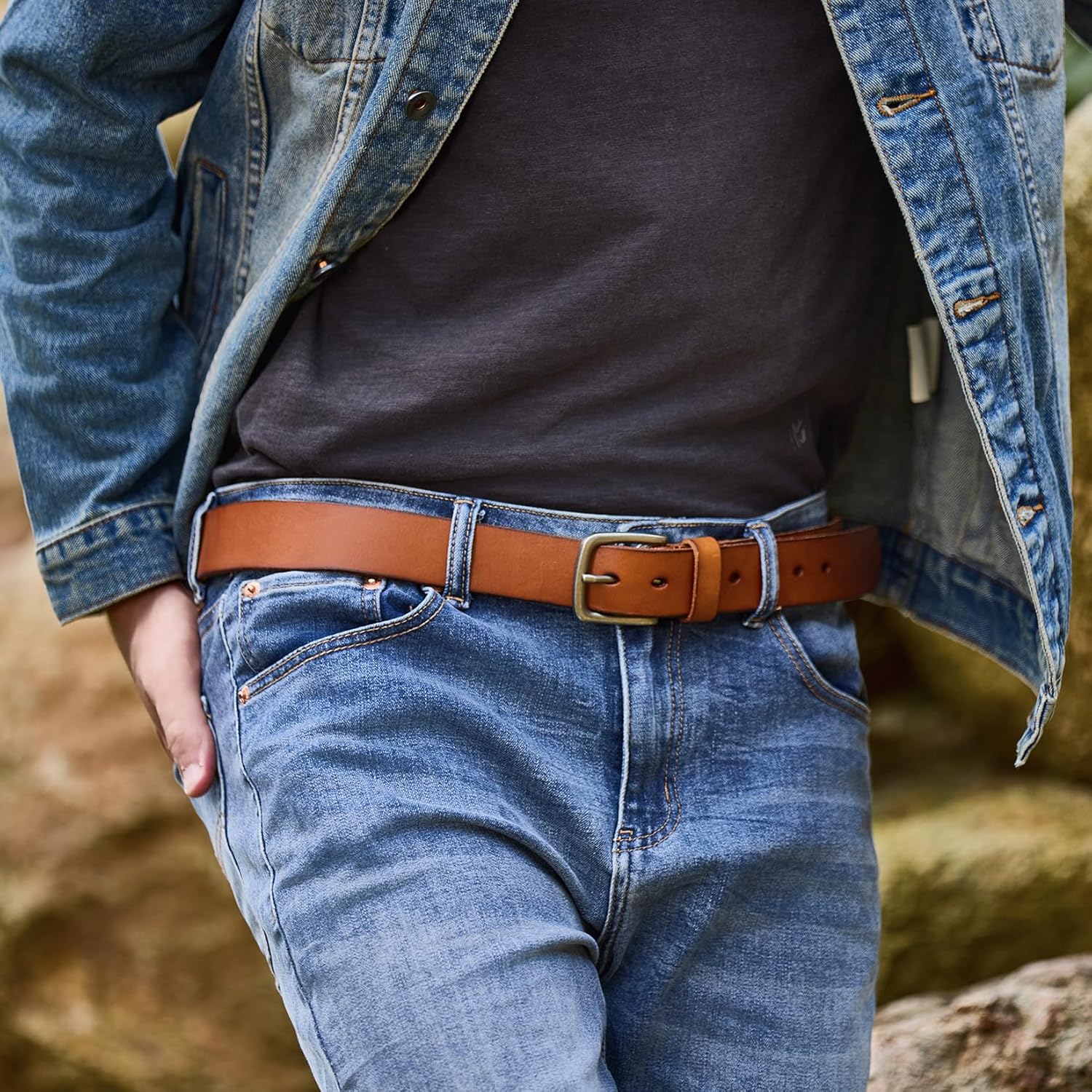 VATAN Men's Genuine Leather Casual Every Day Jeans Belts, Handmade Men Leather Belt with Gift Box