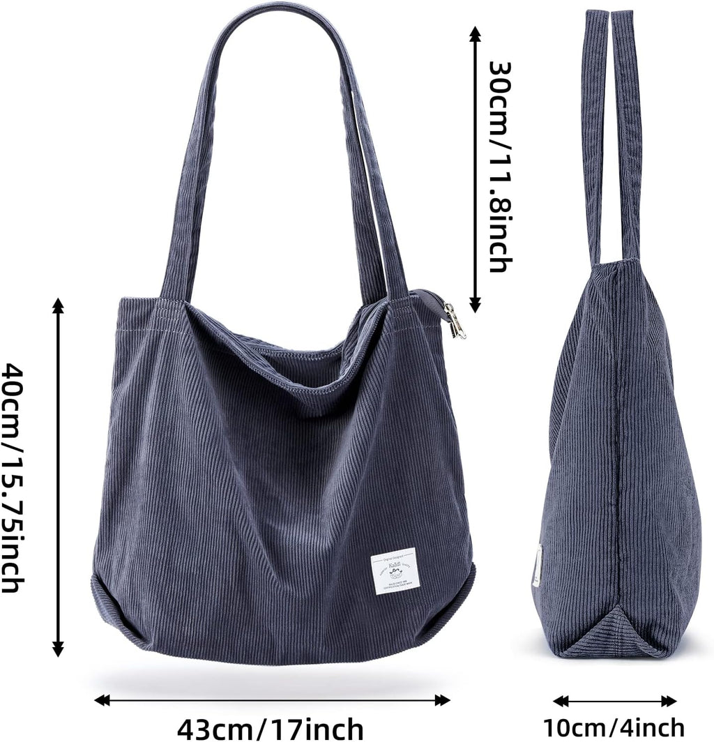KALIDI Women Corduroy Tote Bag Zipper Casual Tote's Handbag Big Capacity Shoulder Bag with Pockets
