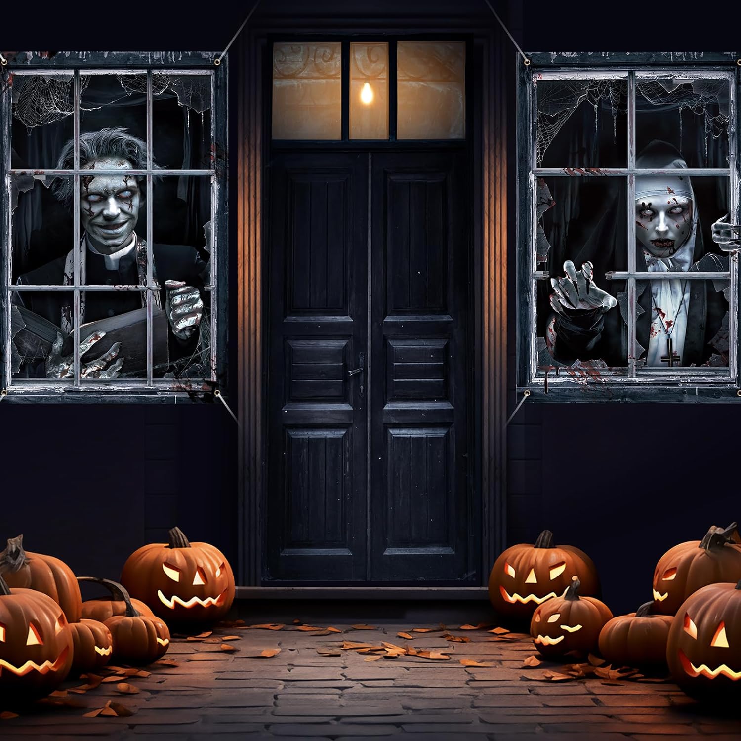 2 Pcs Halloween Clown Scary Curtain Halloween Window Silhouette Decoration Blood Ghost Window Cover Horror Theme Window Poster for Indoor Outdoor Party Wall Garage Door Decor