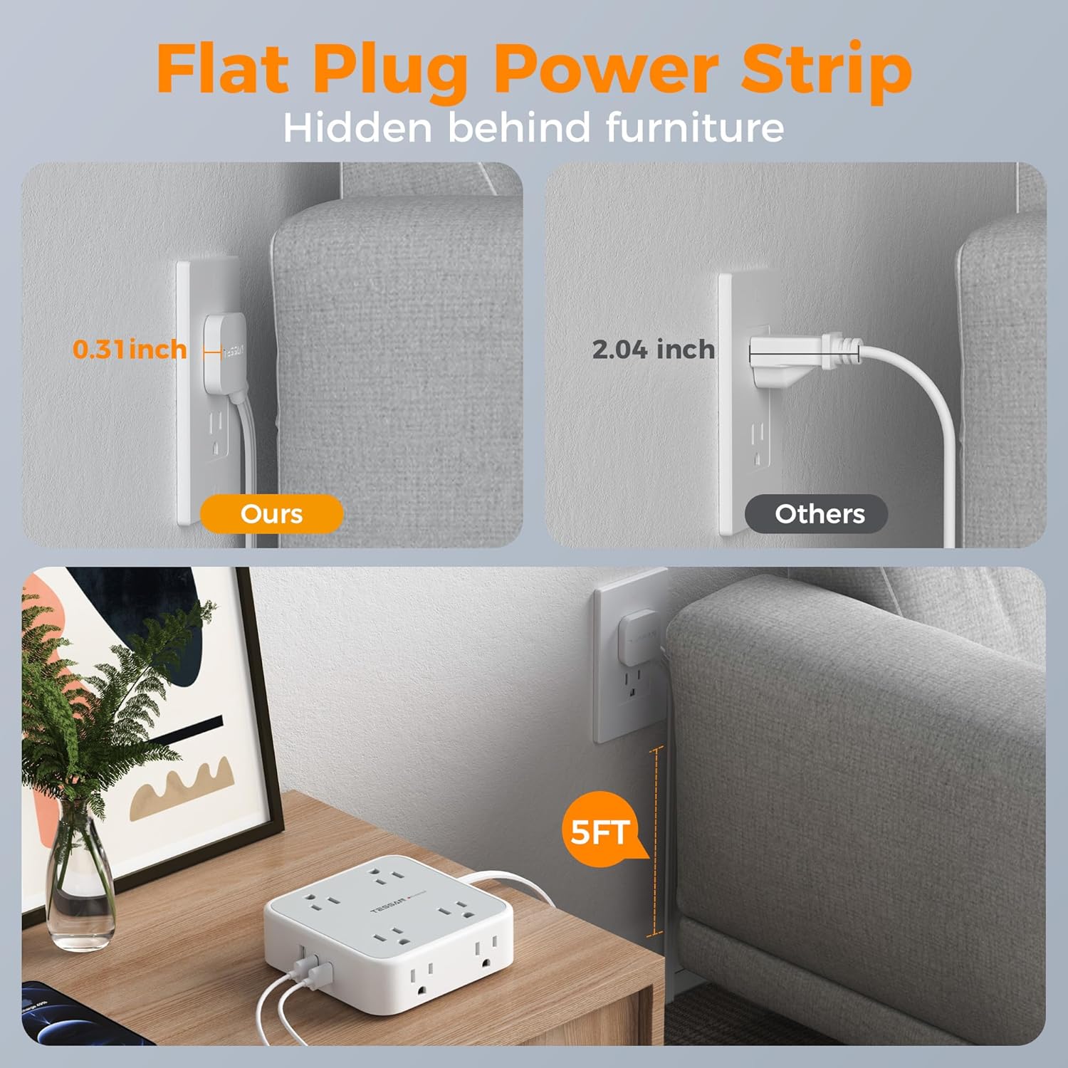 TESSAN Surge Protector Power Strip, 5 Ft Flat Plug Extension Cord with 3 USB (1 USB C) 8 Outlets, 900J Surge Protection, 3 Sided Outlet Extender with Power Switch for Office, Dorm Room Essentials