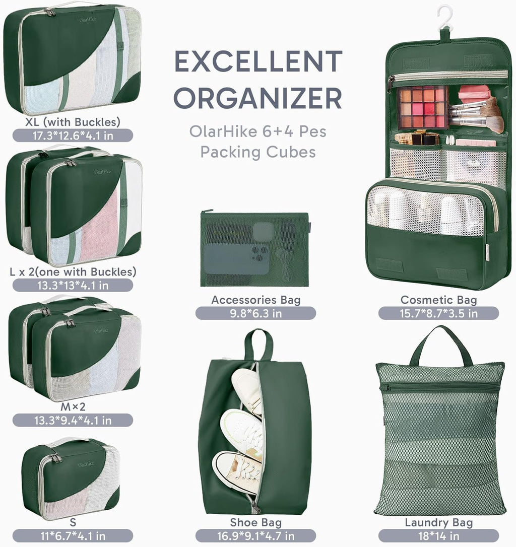 10 Set/8 Set Packing Cubes for Travel, Gifts for Women Mom,Anti-Tearing Suitcase Organizer for Luggage with Shoe & Hanging Toiletry Bag,OlarHike Vacation Essentials & Accessories for Cruise Ship,Cream